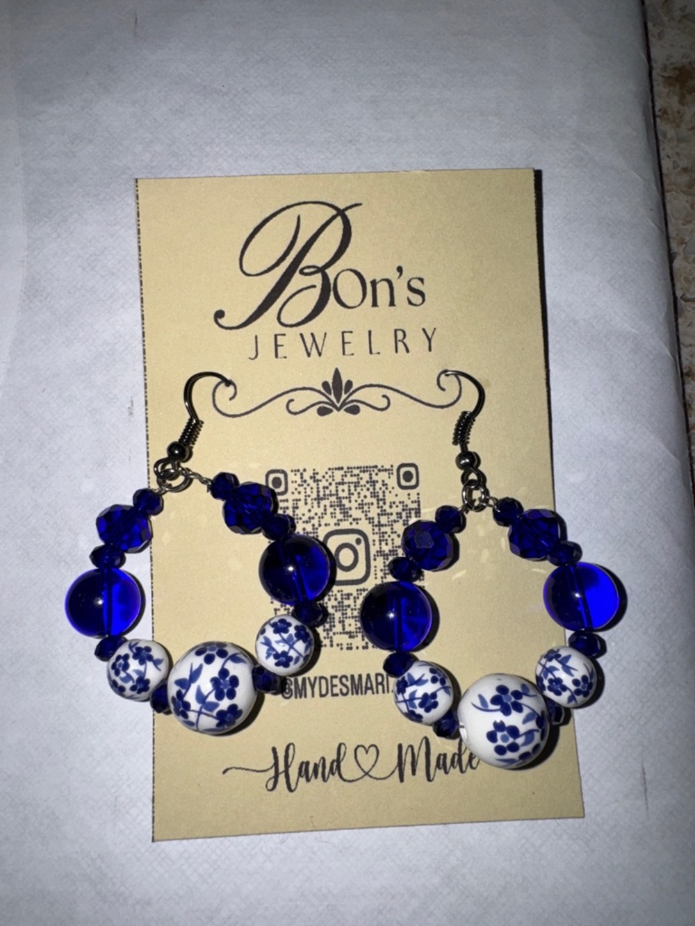 Cobalt Blue Floral Bead Hoop Earrings